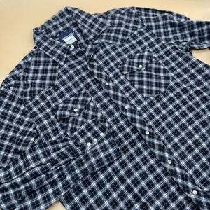 Vintage Wrangler Shirt Men Size L Large Blue Plaid Flannel Pearl Snap ‎ Western